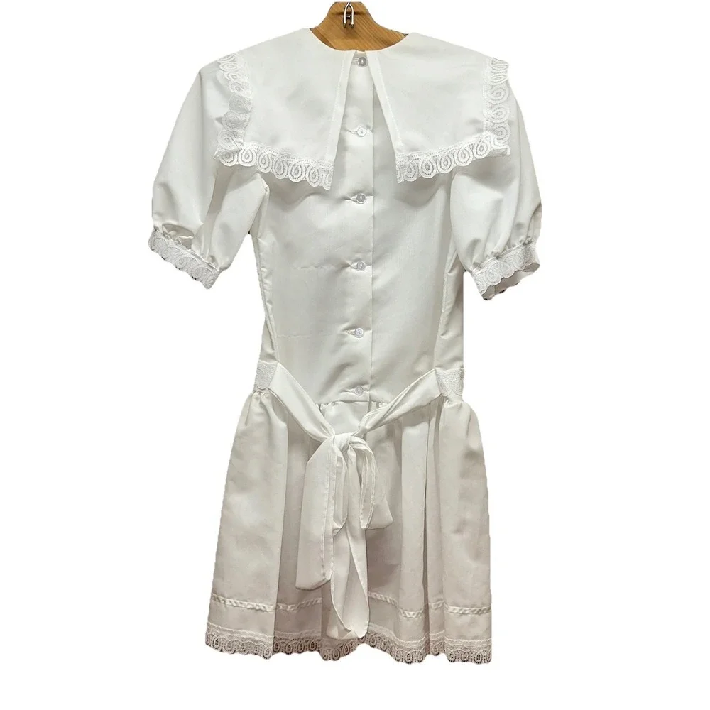 Vtg 80's Jo Lene White Lace Bib Cotton Blend Dress Prairie Puff Sleeves Girls 10